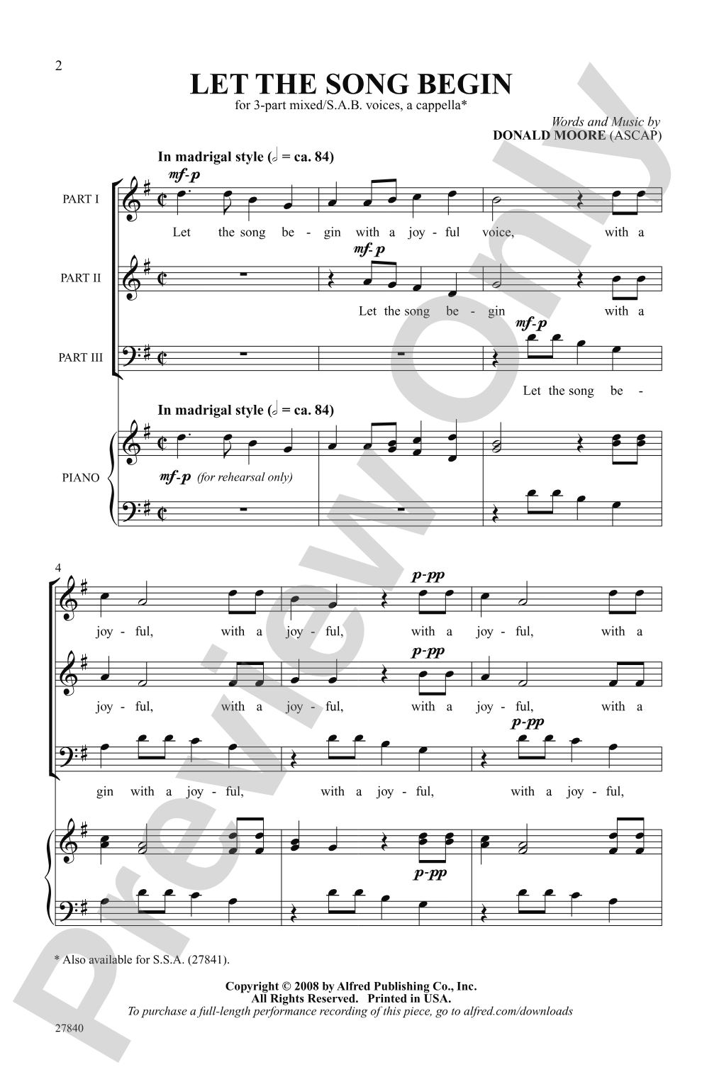 Let the Song Begin: 3-Part / SAB, <i>a cappella</i> Choral Octavo