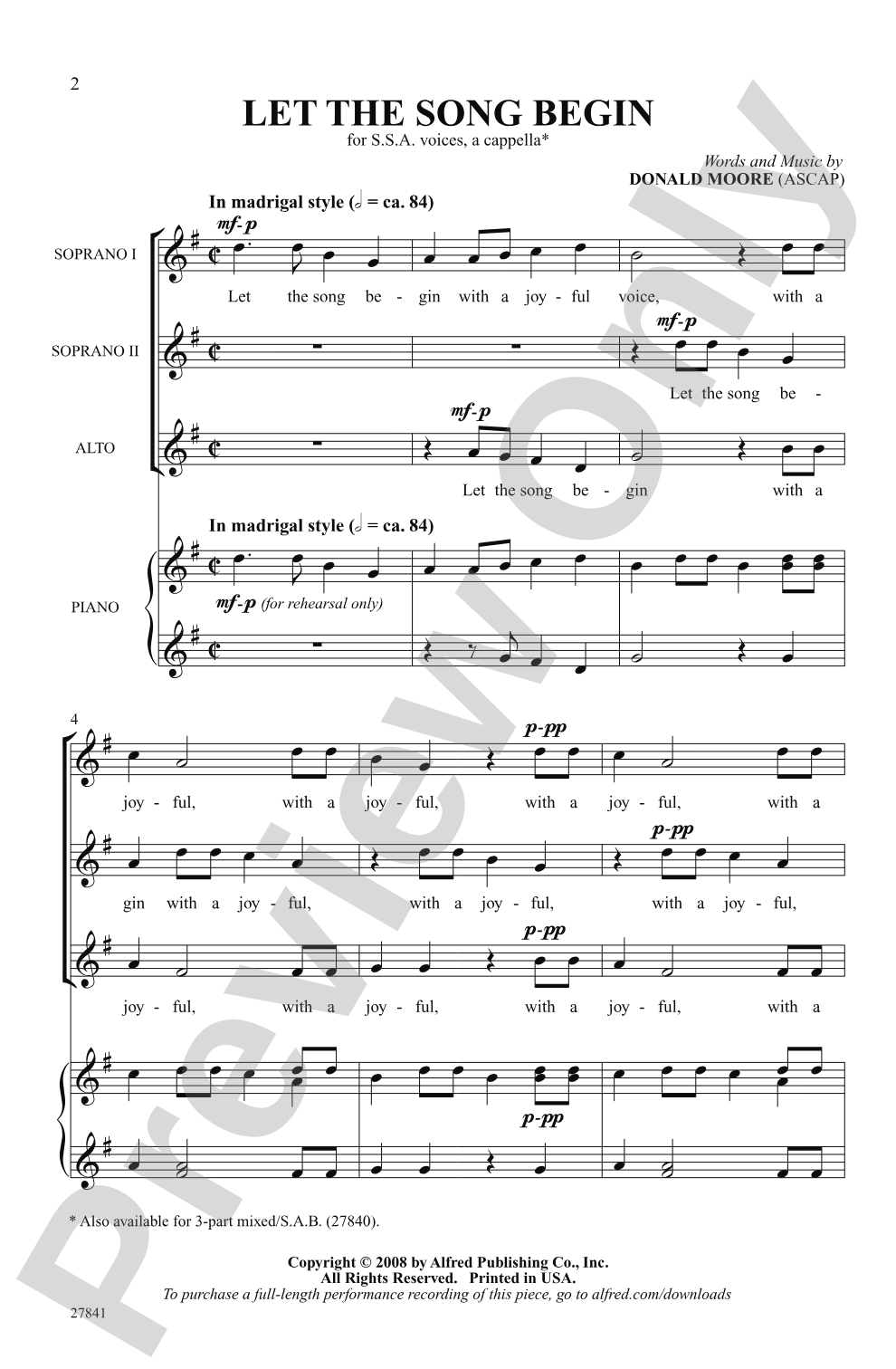 Let the Song Begin: SSA, <i>a cappella</i> Choral Octavo