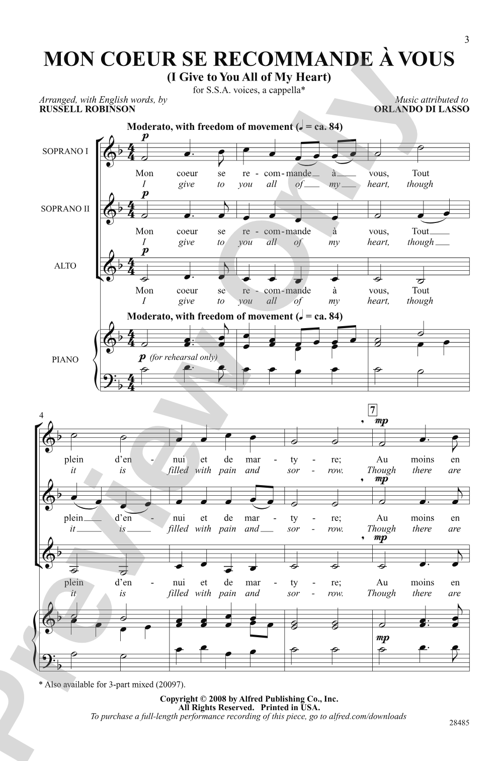 Mon Coeur Se Recommande à Vous (I Give to You All of My Heart): SSA Choral Octavo