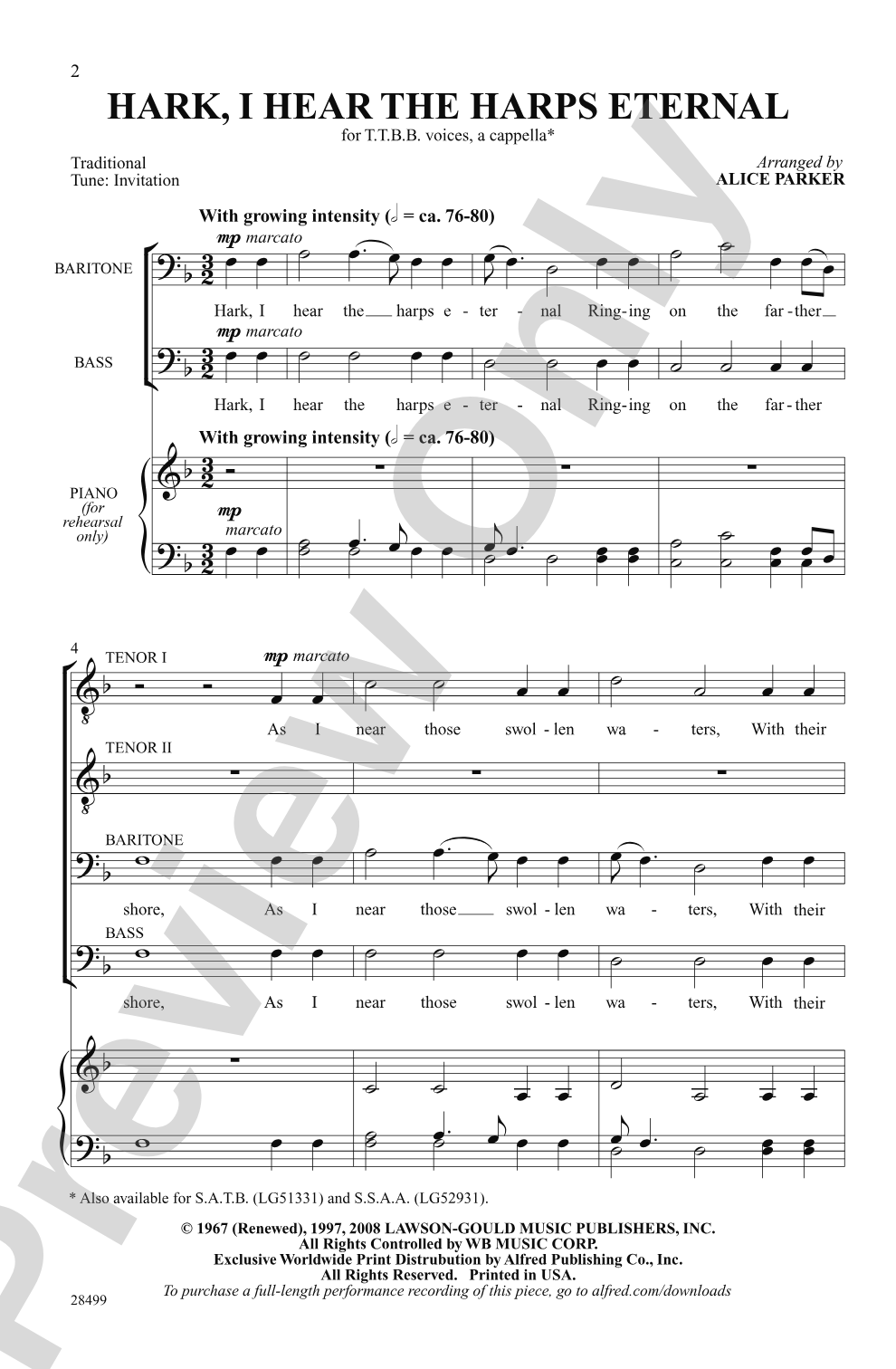 Hark, I Hear the Harps Eternal: TTBB, <i>a cappella</i> Choral Octavo