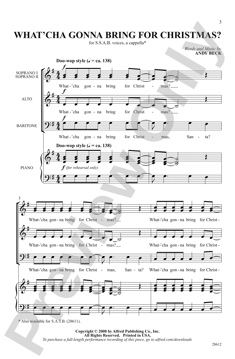 What'cha Gonna Bring for Christmas?: SSAB, <i>a cappella</i> Choral Octavo