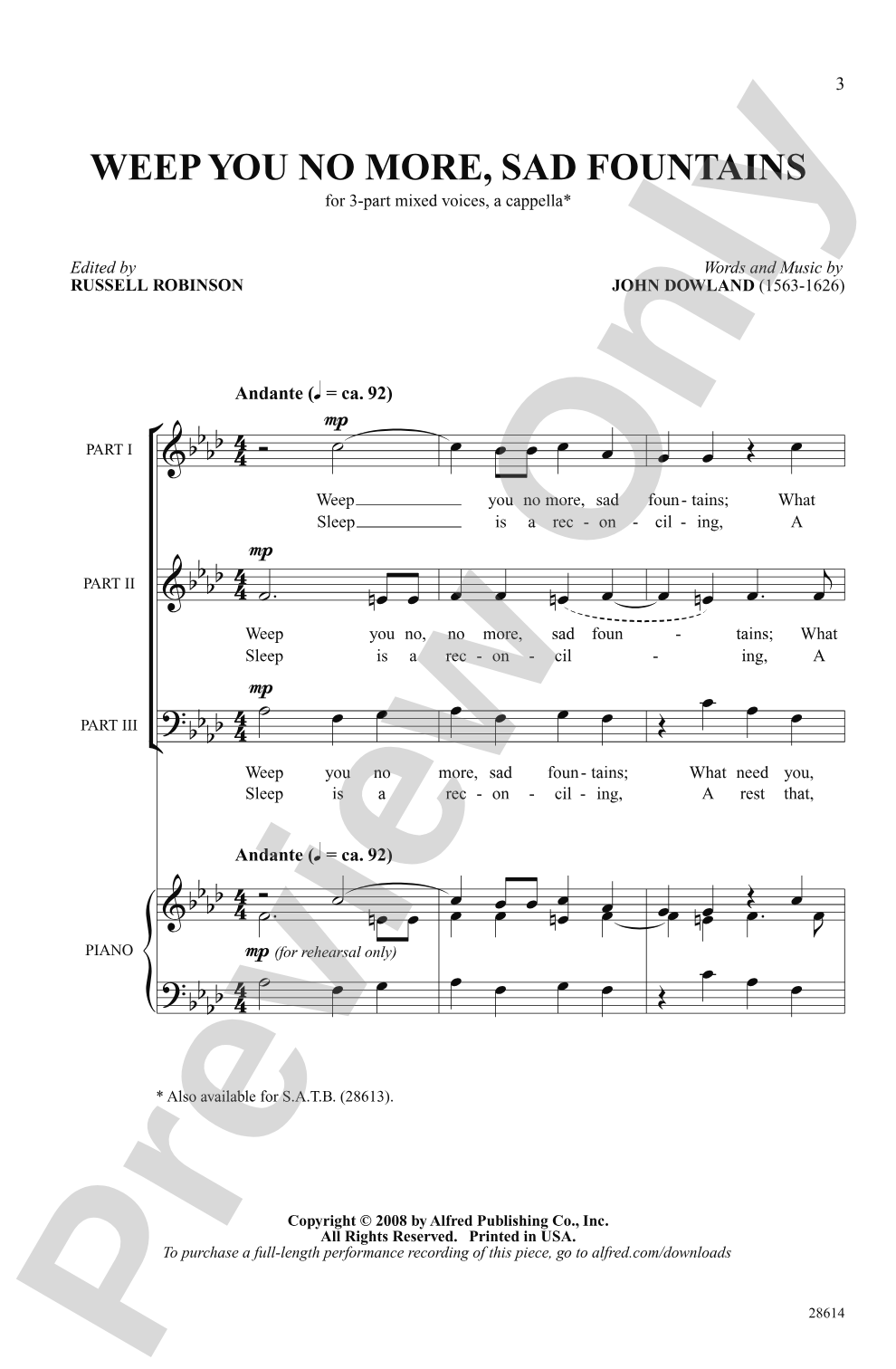 Weep You No More, Sad Fountains: 3-Part Mixed Choral Octavo