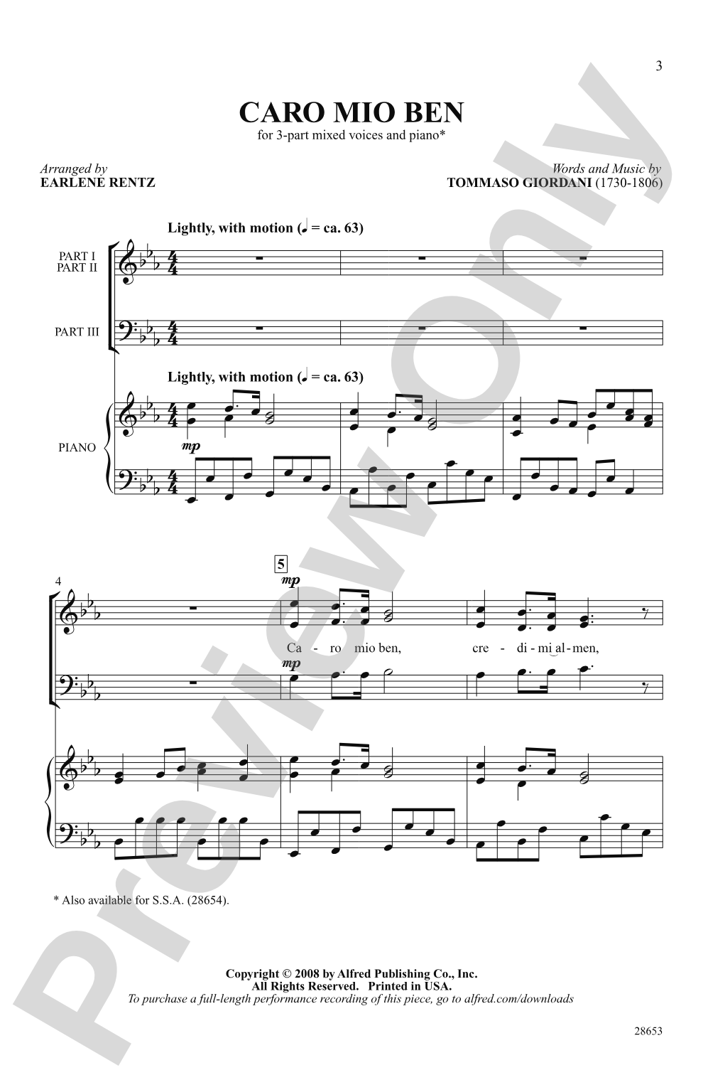 Caro Mio Ben: 3-Part Mixed Choral Octavo