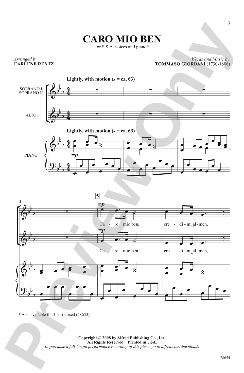 Caro Mio Ben: SSA Choral Octavo