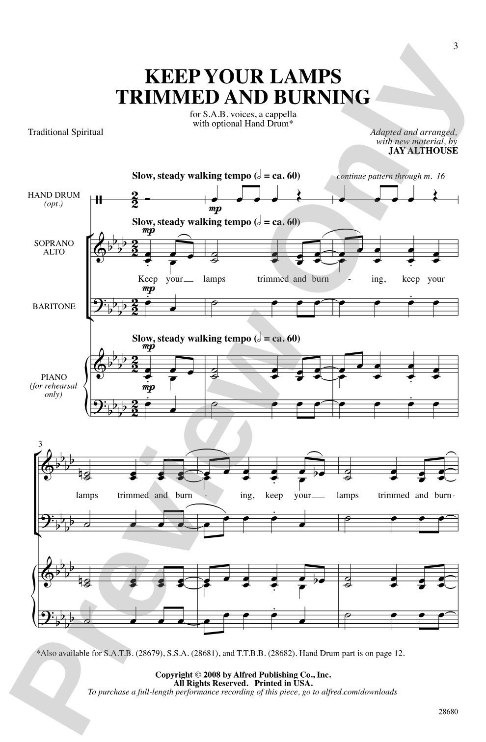 Keep Your Lamps Trimmed and Burning: SAB, <i>a cappella</i> Choral Octavo