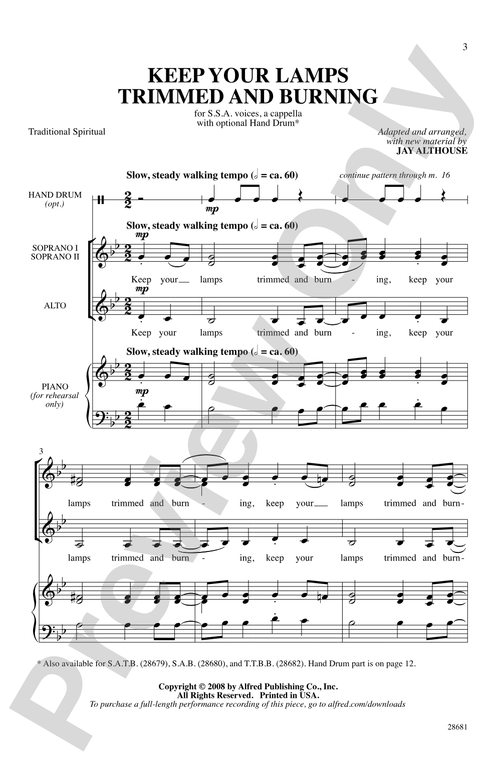 Keep Your Lamps Trimmed and Burning: SSA, <i>a cappella</i> Choral Octavo
