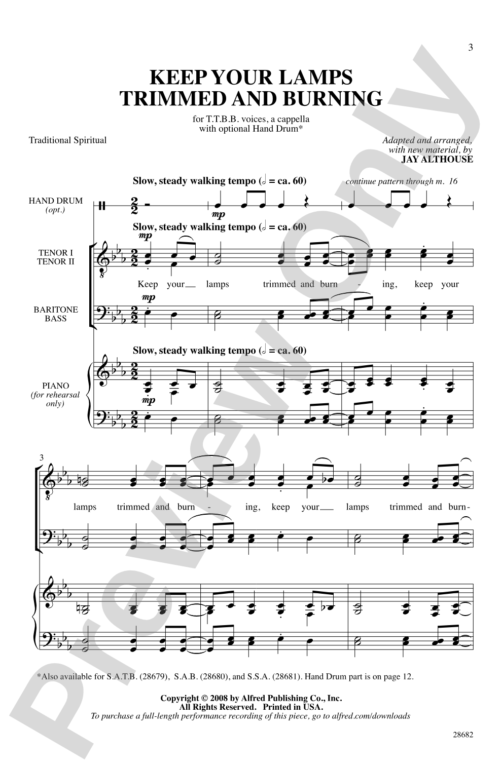 Keep Your Lamps Trimmed and Burning: TTBB, <i>a cappella</i> Choral Octavo