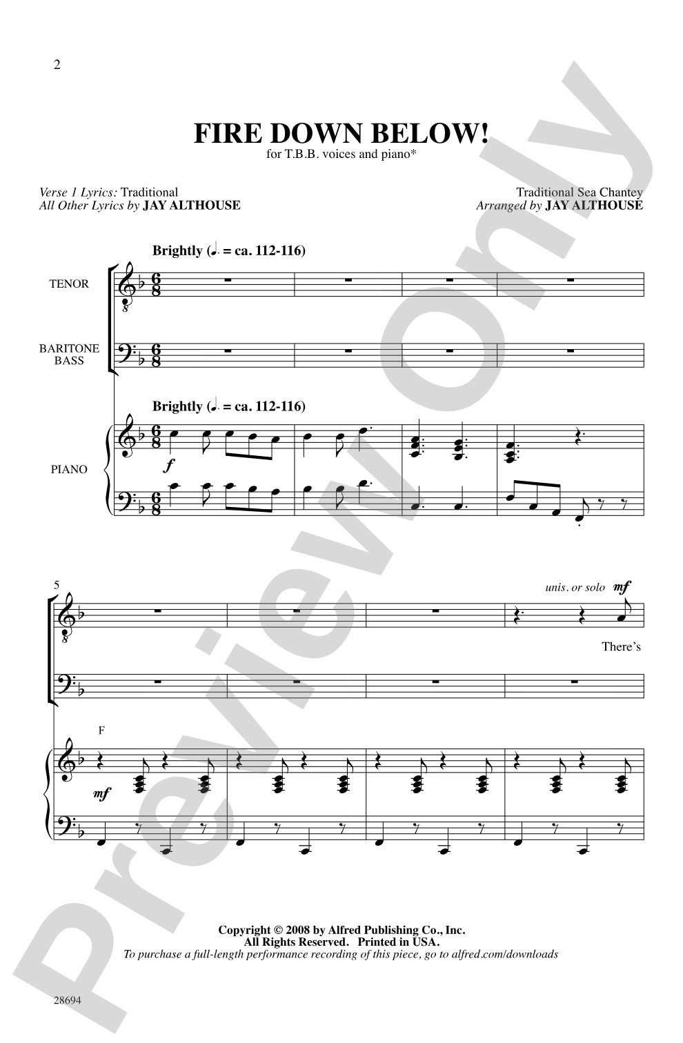 Fire Down Below: TBB Choral Octavo