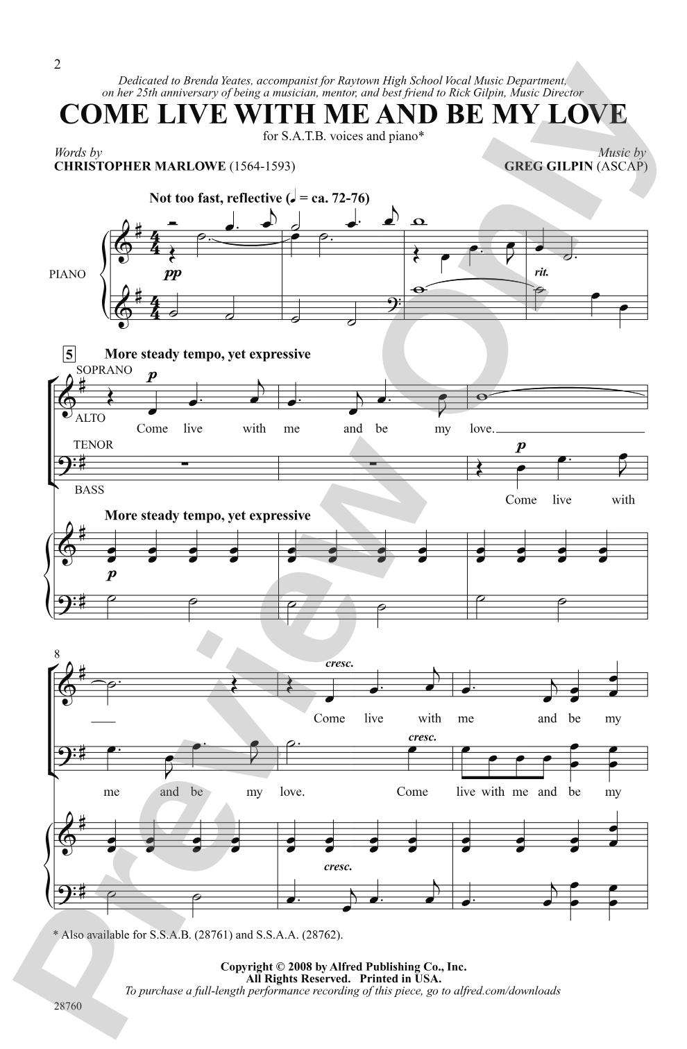 Come Live with Me and Be My Love: SATB Choral Octavo