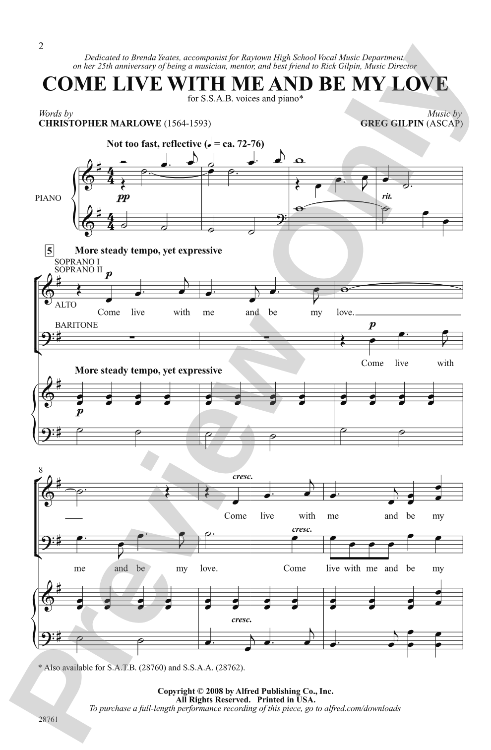 Come Live with Me and Be My Love: SSAB Choral Octavo