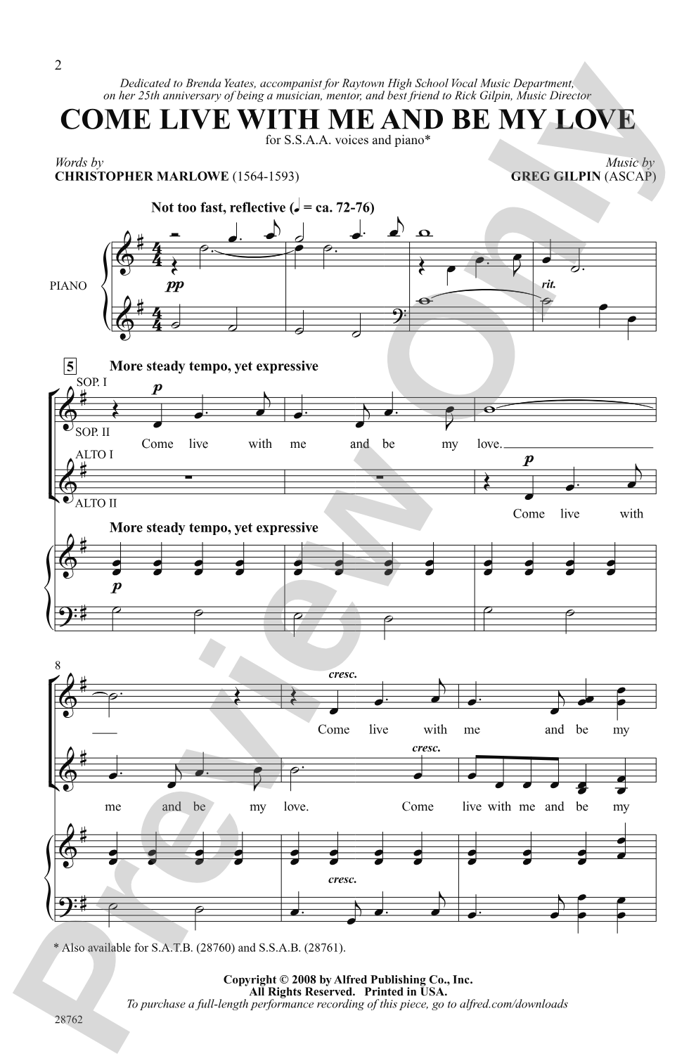 Come Live with Me and Be My Love: SSAA Choral Octavo