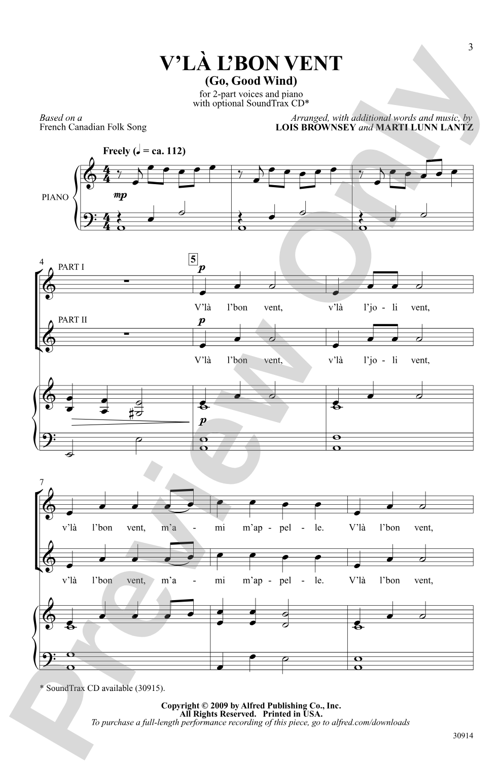 V'la l'Bon Vent (Go, Good Wind): 2-Part Choral Octavo