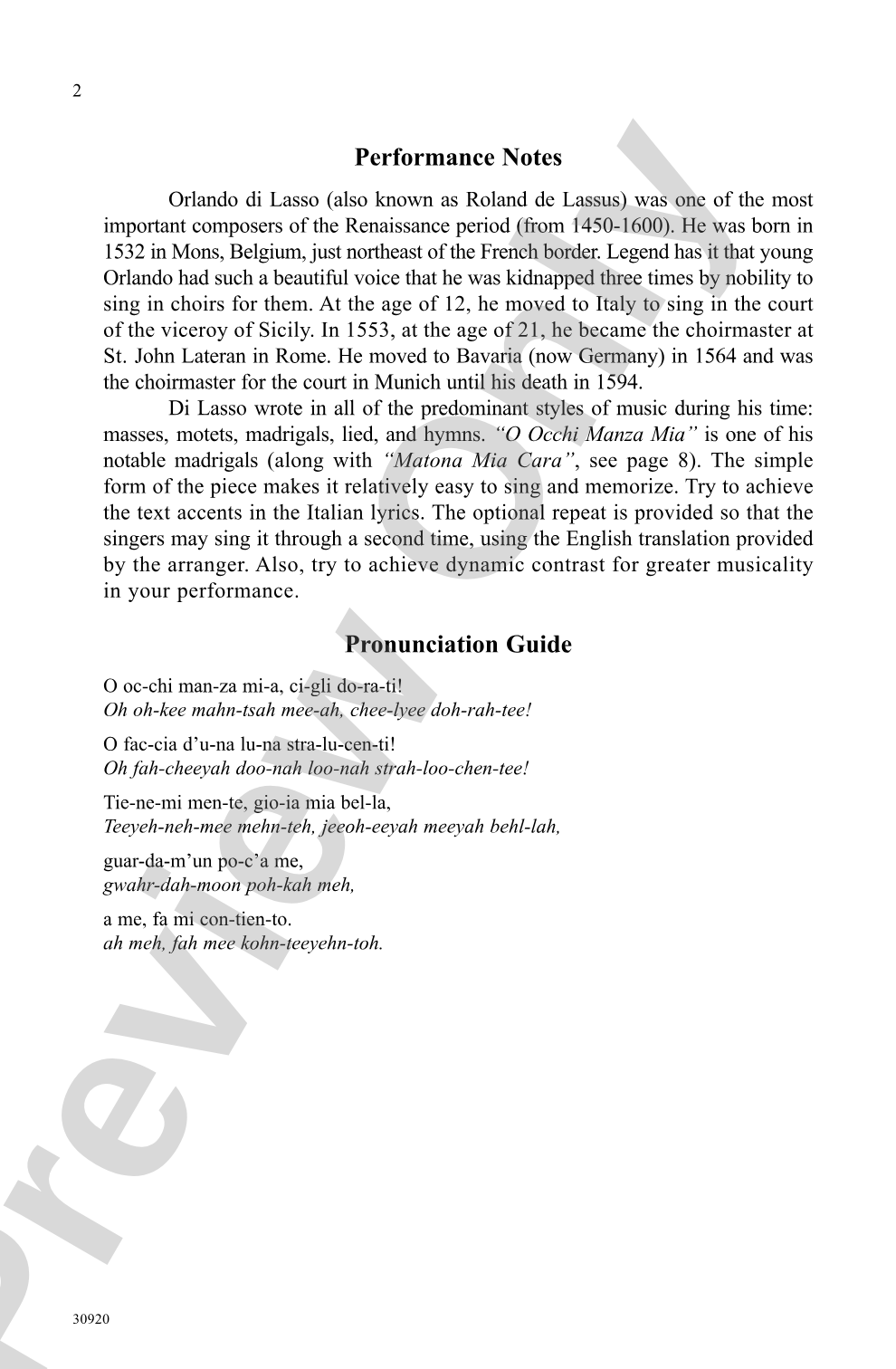O Occhi Manza Mia (O Eyes of My Beloved): SSA, <I>a cappella</I> Choral Octavo