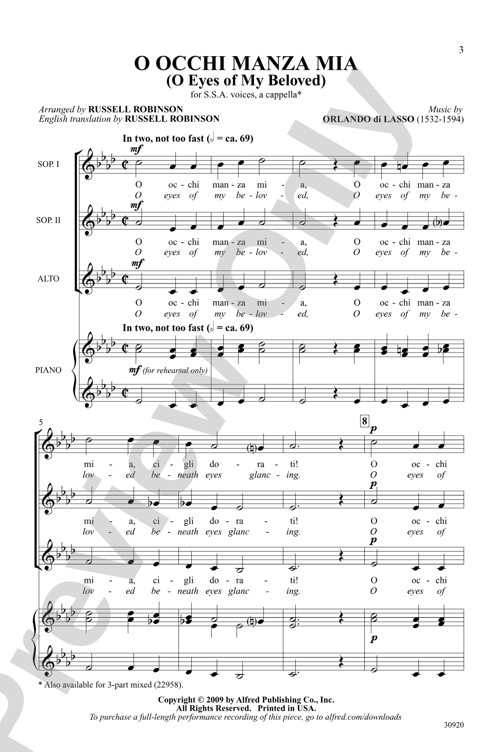 O Occhi Manza Mia (O Eyes of My Beloved): SSA, <I>a cappella</I> Choral Octavo