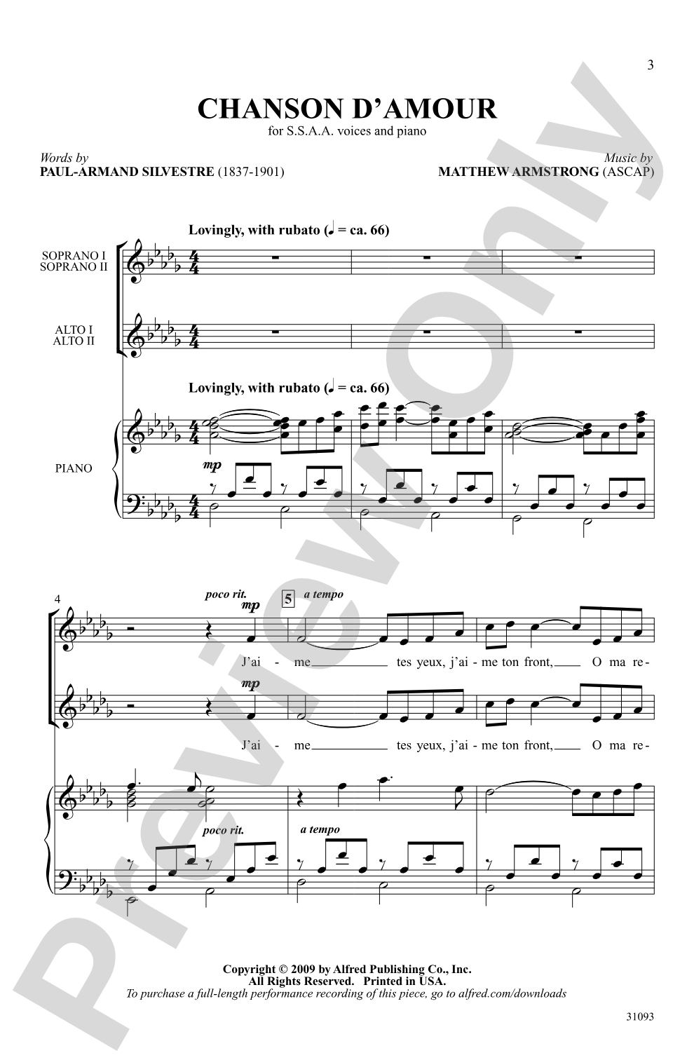 Chanson d'Amour: SSAA Choral Octavo