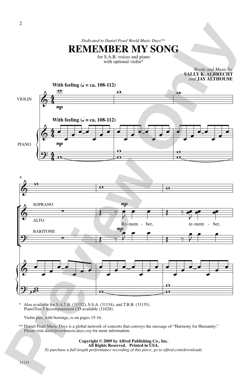 Remember My Song: SAB Choral Octavo