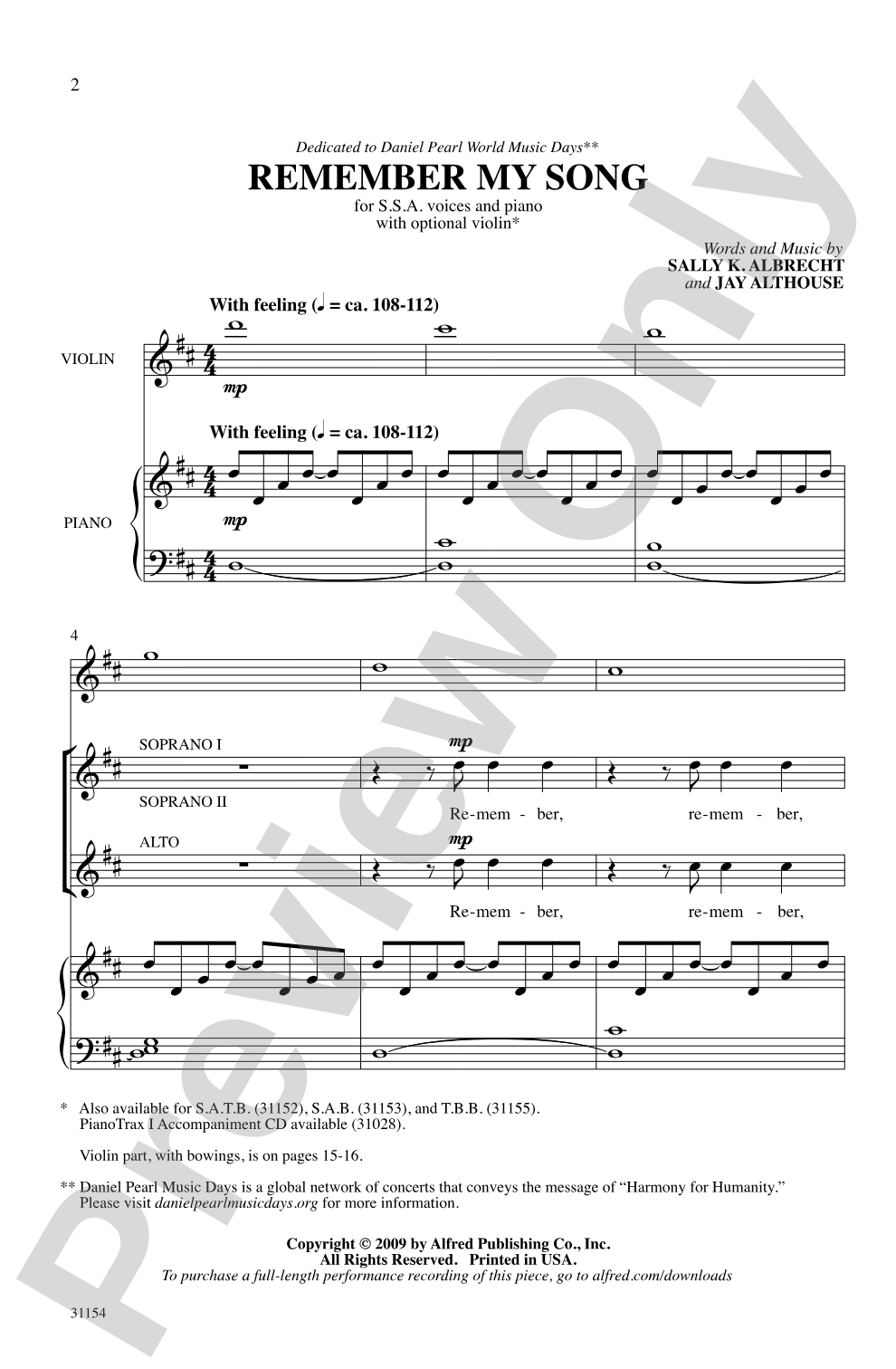 Remember My Song: SSA Choral Octavo