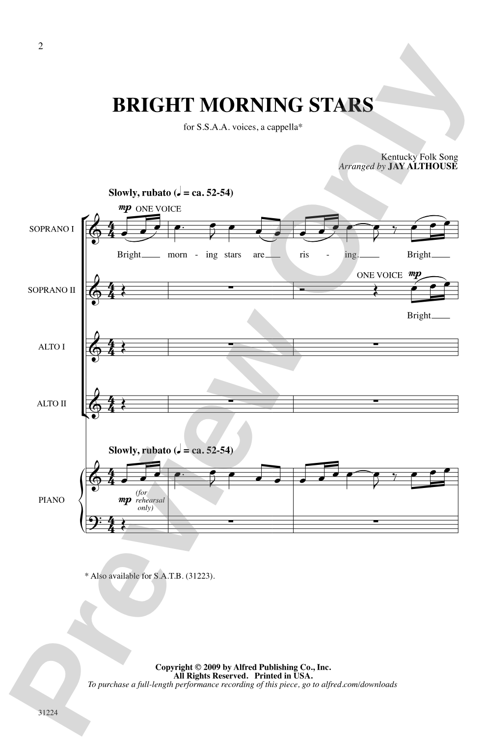 Bright Morning Stars: SSAA, <i>a cappella</i> Choral Octavo