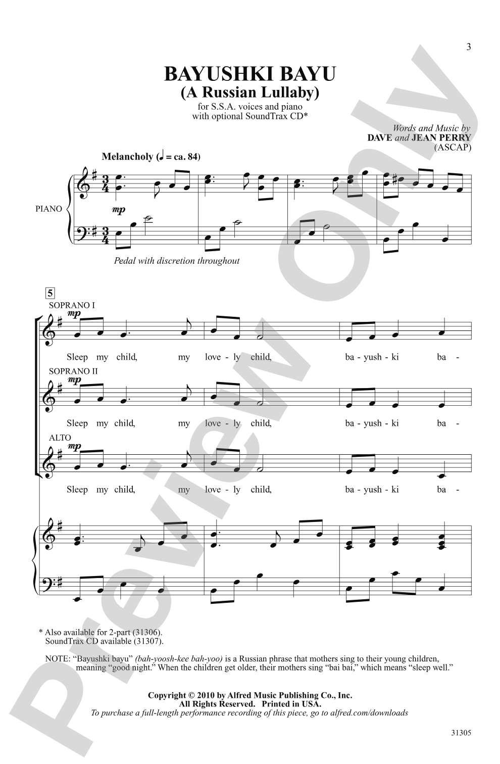 Bayushki Bayu (A Russian Lullaby): SSA Choral Octavo