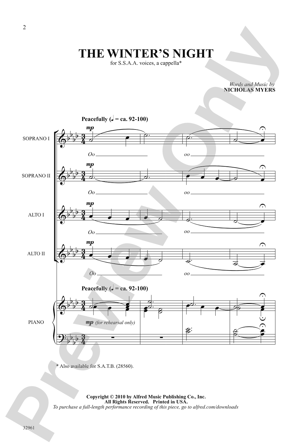 The Winter's Night: SSAA Choral Octavo