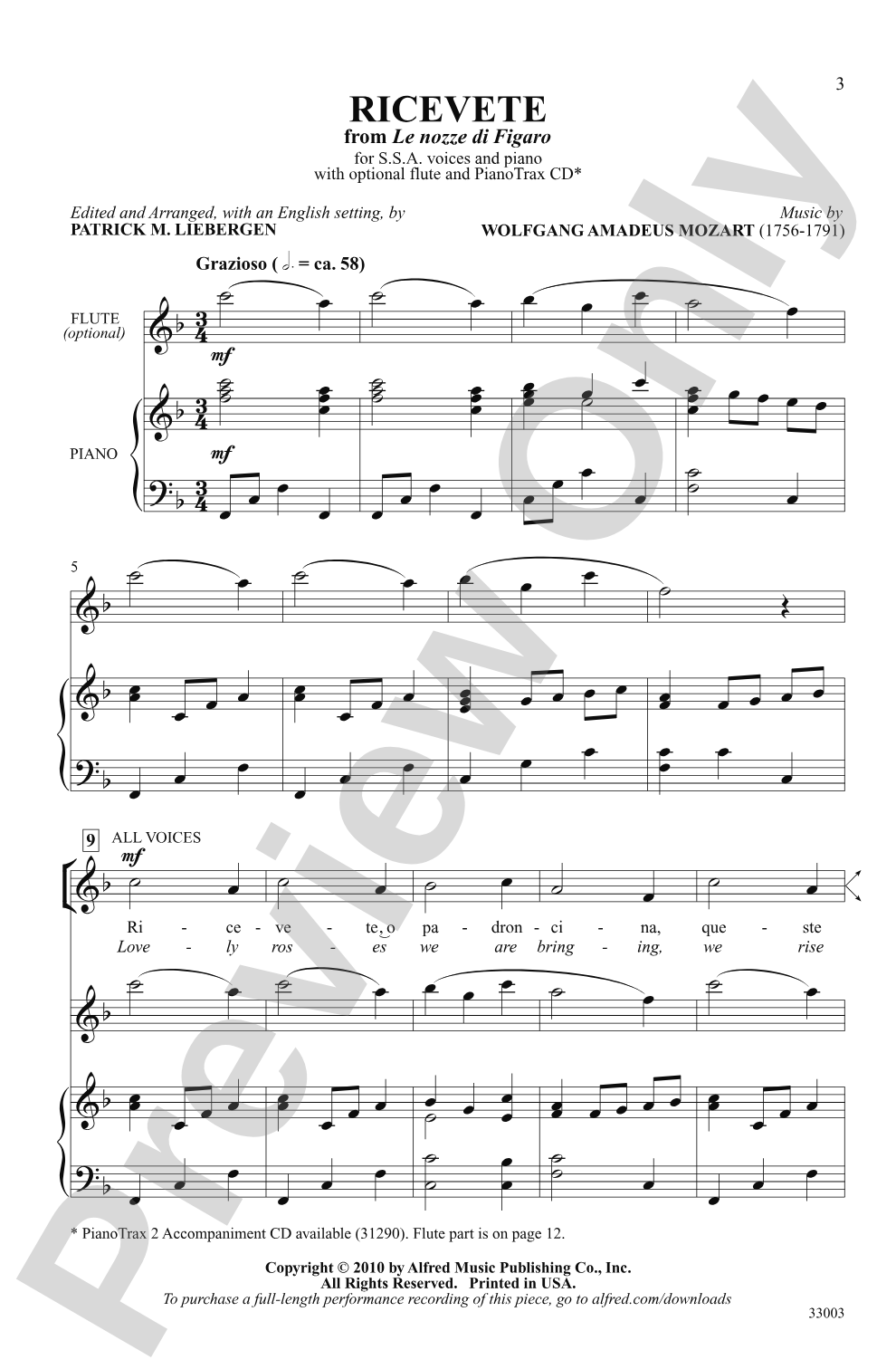Ricevete (from <i>Le Nozze di Figaro</i>): SSA Choral Octavo
