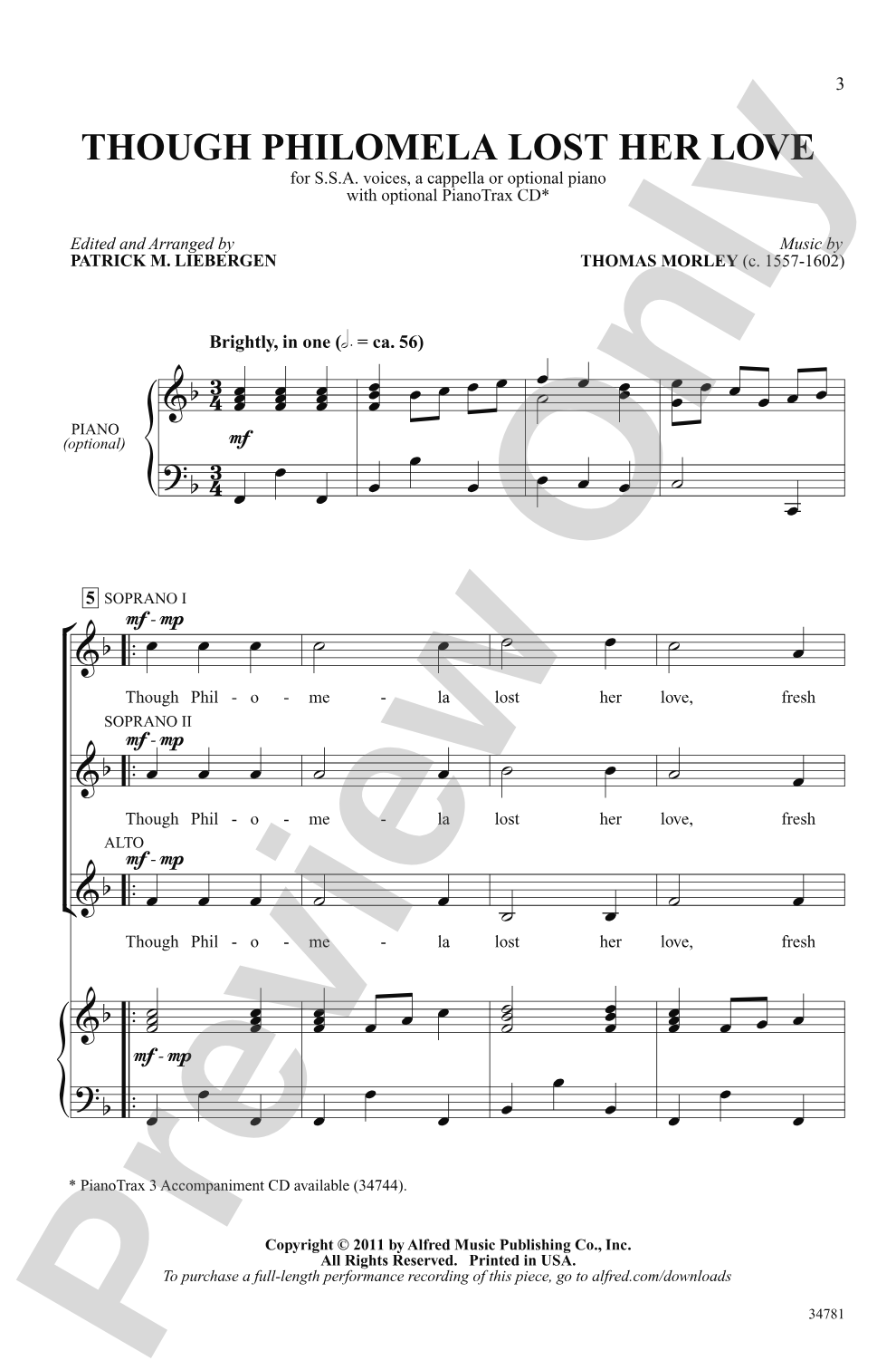 Though Philomela Lost Her Love: SSA Choral Octavo