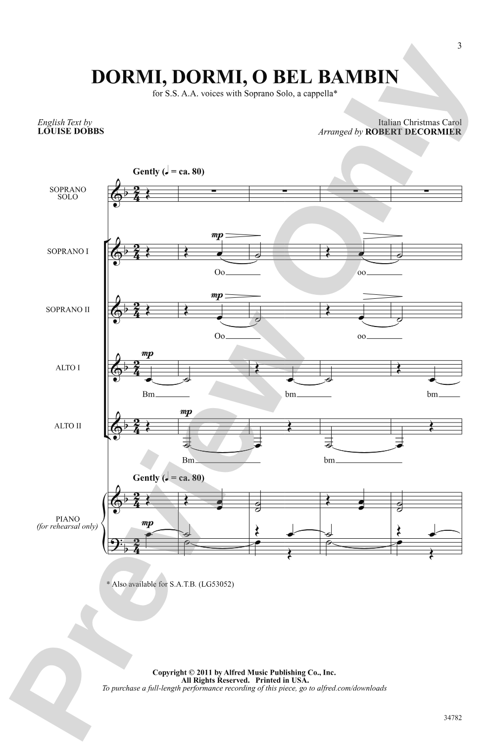 Dormi, Dormi, O Bel Bambin: SSAA & Soprano Solo, <I>a cappella</I> Choral Octavo