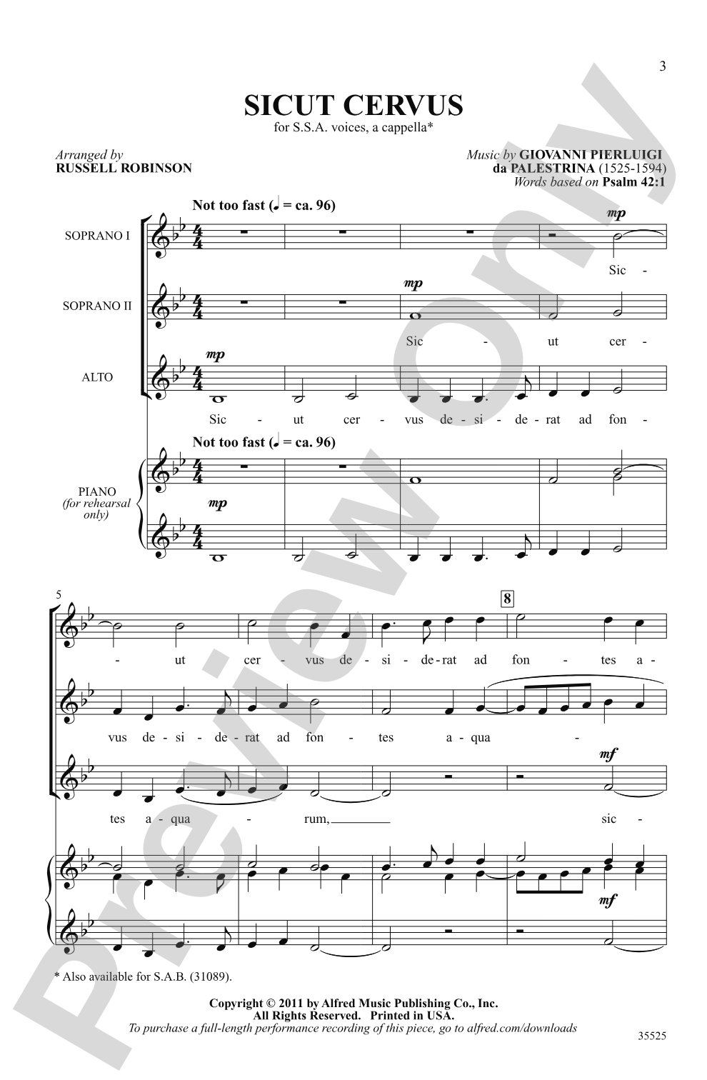 Sicut Cervus: SSA, <i>a cappella</i> Choral Octavo