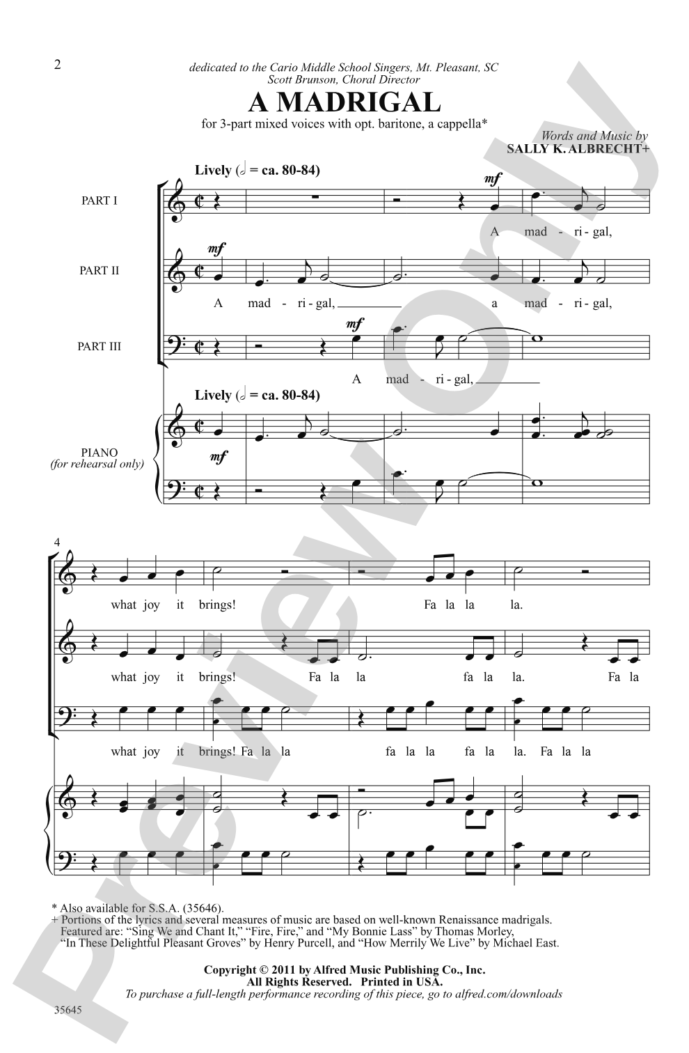 A Madrigal: 3-Part Mixed, <i>a cappella</i> Choral Octavo