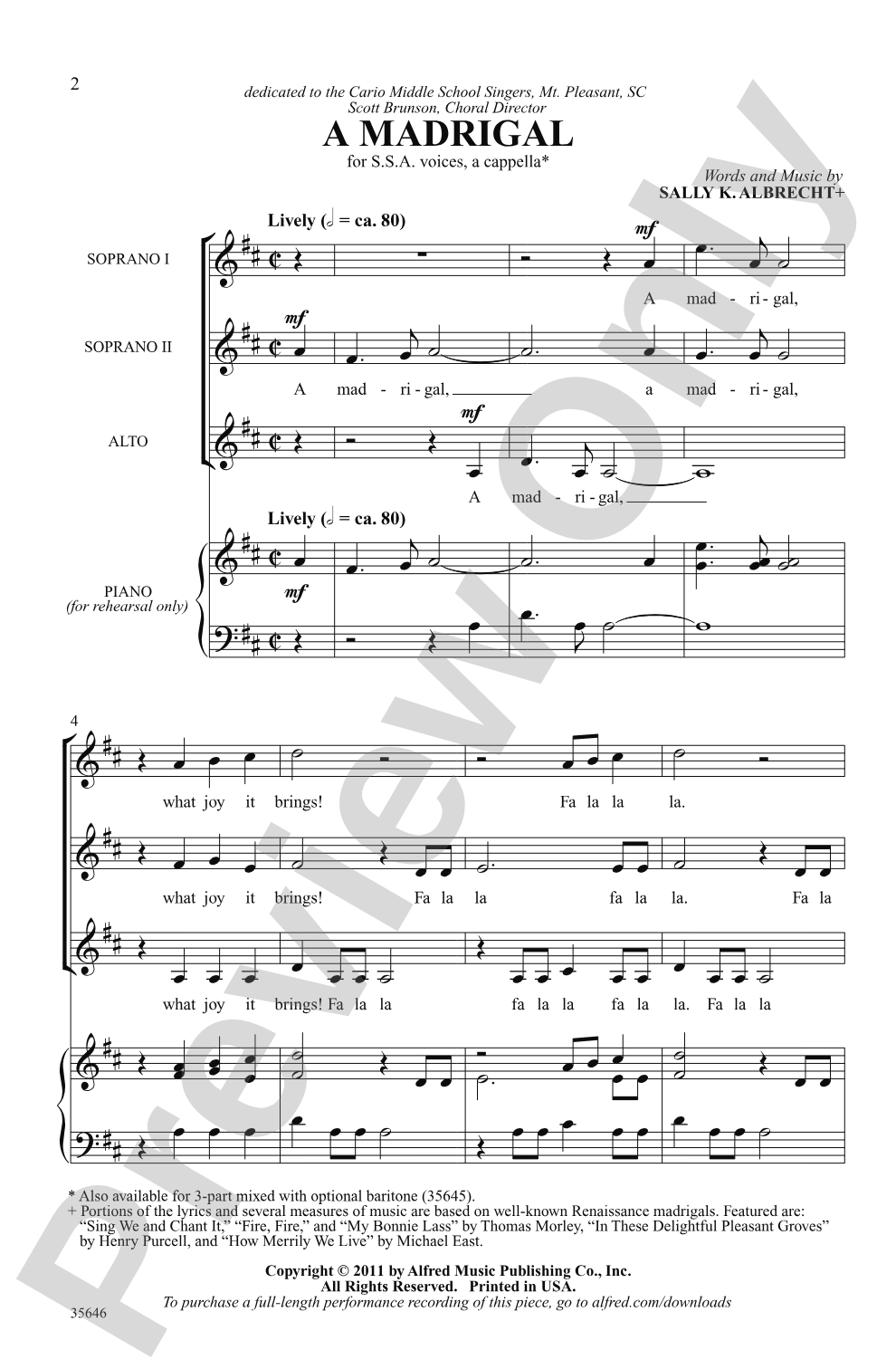 A Madrigal: SSA, <i>a cappella</i> Choral Octavo