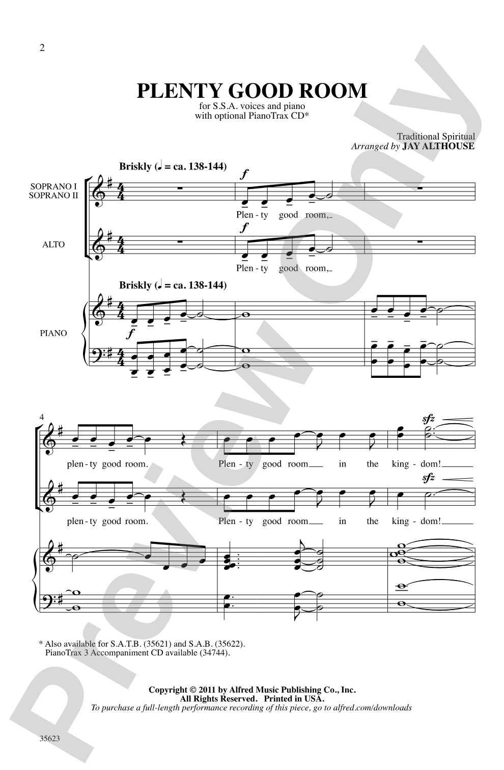 Plenty Good Room: SSA Choral Octavo