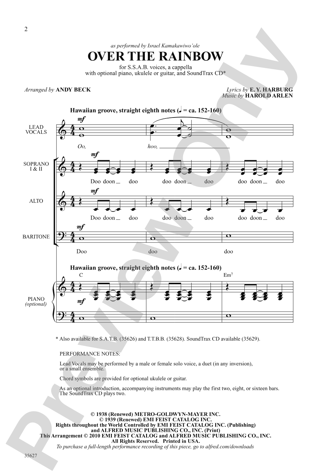 Over the Rainbow: SSAB, Opt. <I>a cappella</i> Choral Octavo