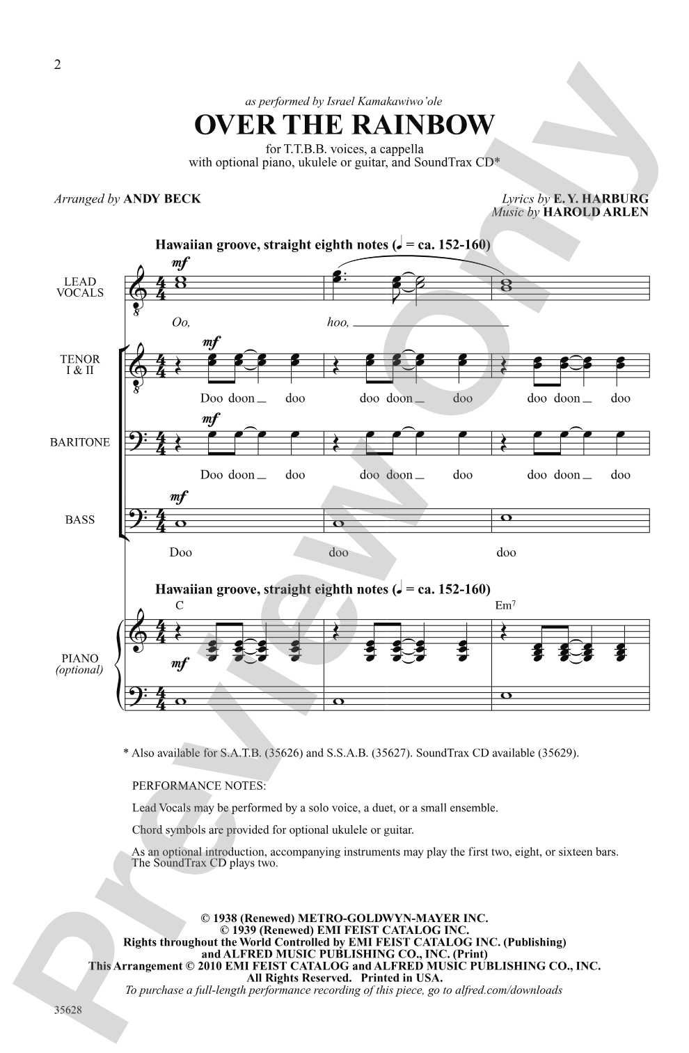 Over the Rainbow: TTBB, Opt. <I>a cappella</i> Choral Octavo