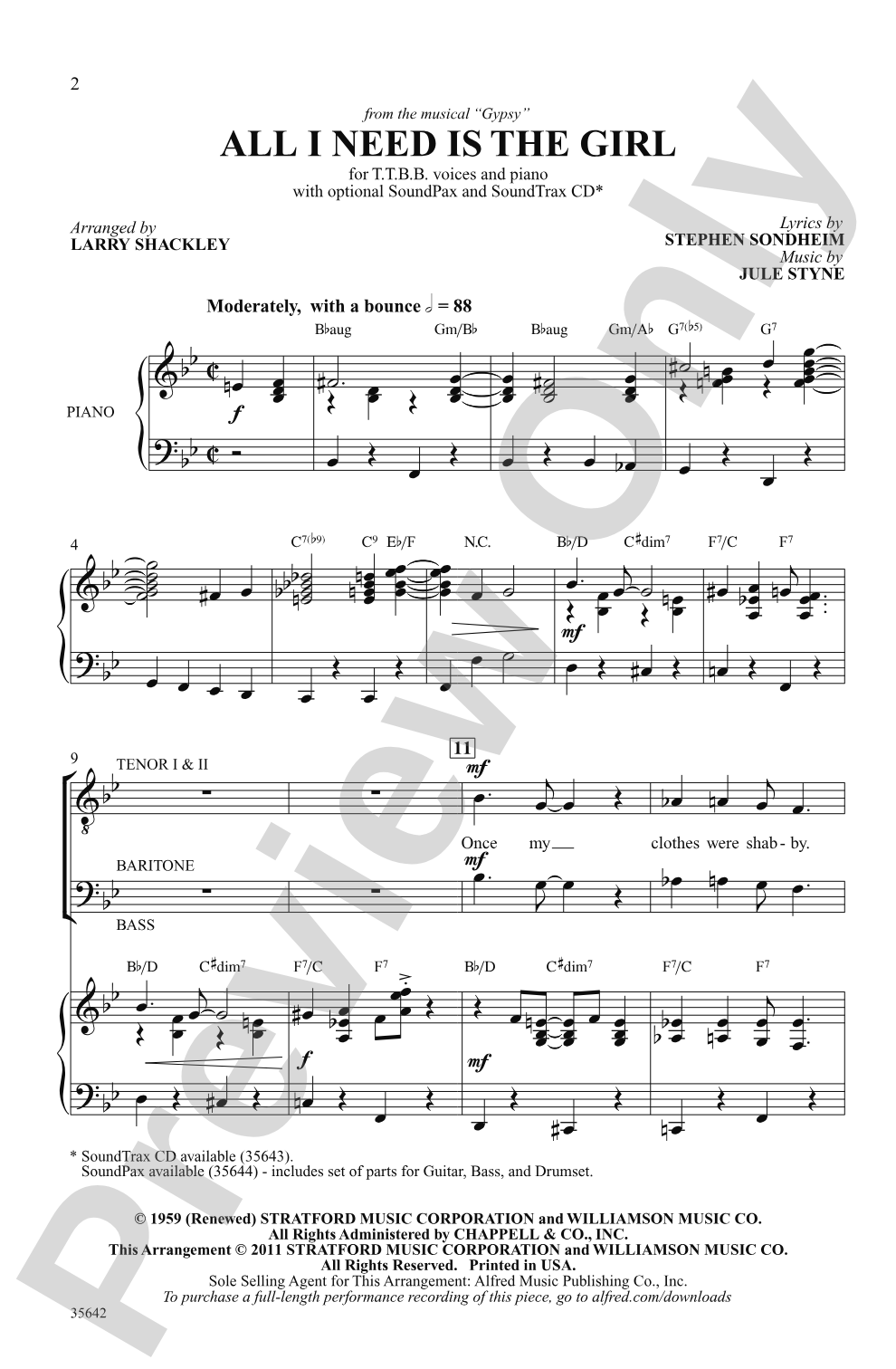 All I Need Is the Girl (from the musical <i>Gypsy</i>): TTBB Choral Octavo
