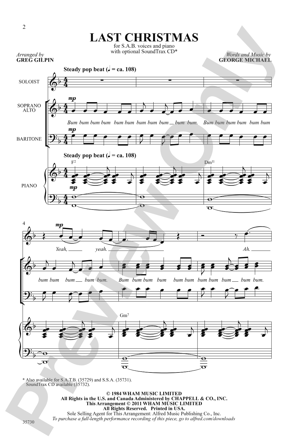 Last Christmas: SAB Choral Octavo