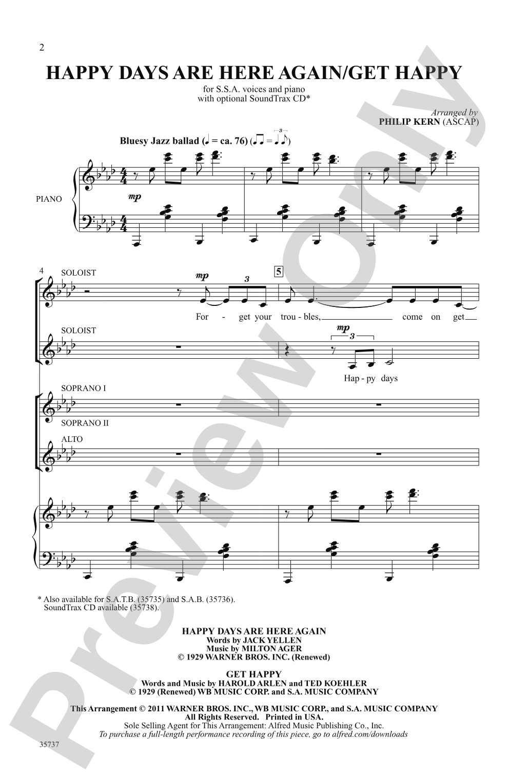 Happy Days Are Here Again / Get Happy: SSA Choral Octavo | Philip