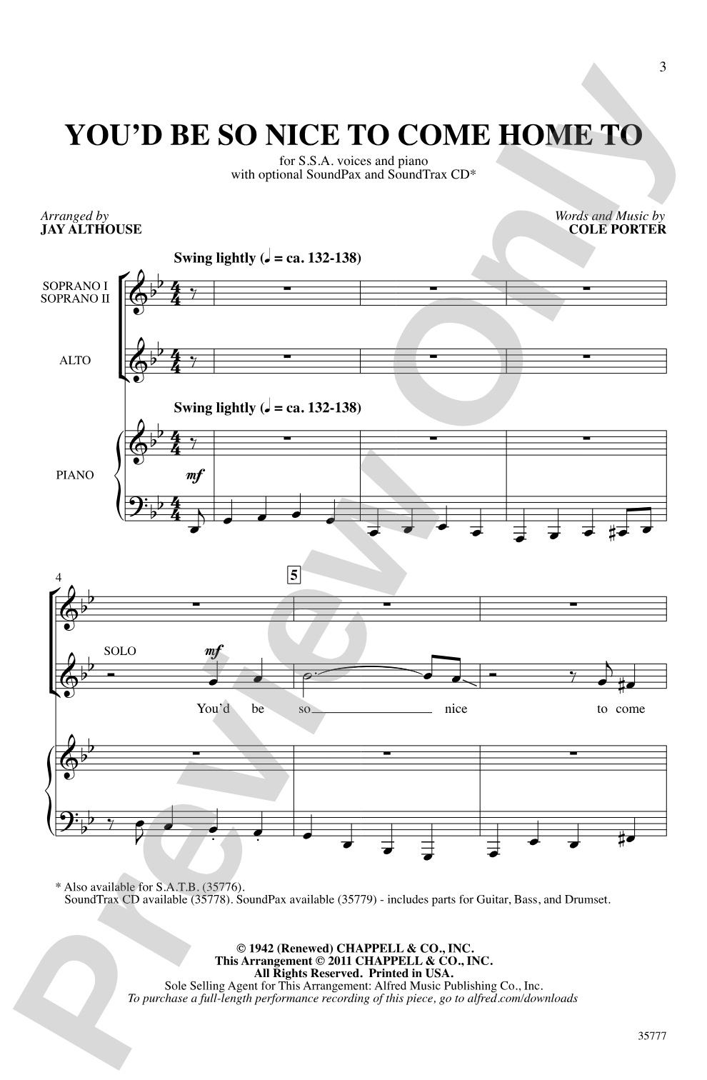 You'd Be So Nice to Come Home To: SSA Choral Octavo