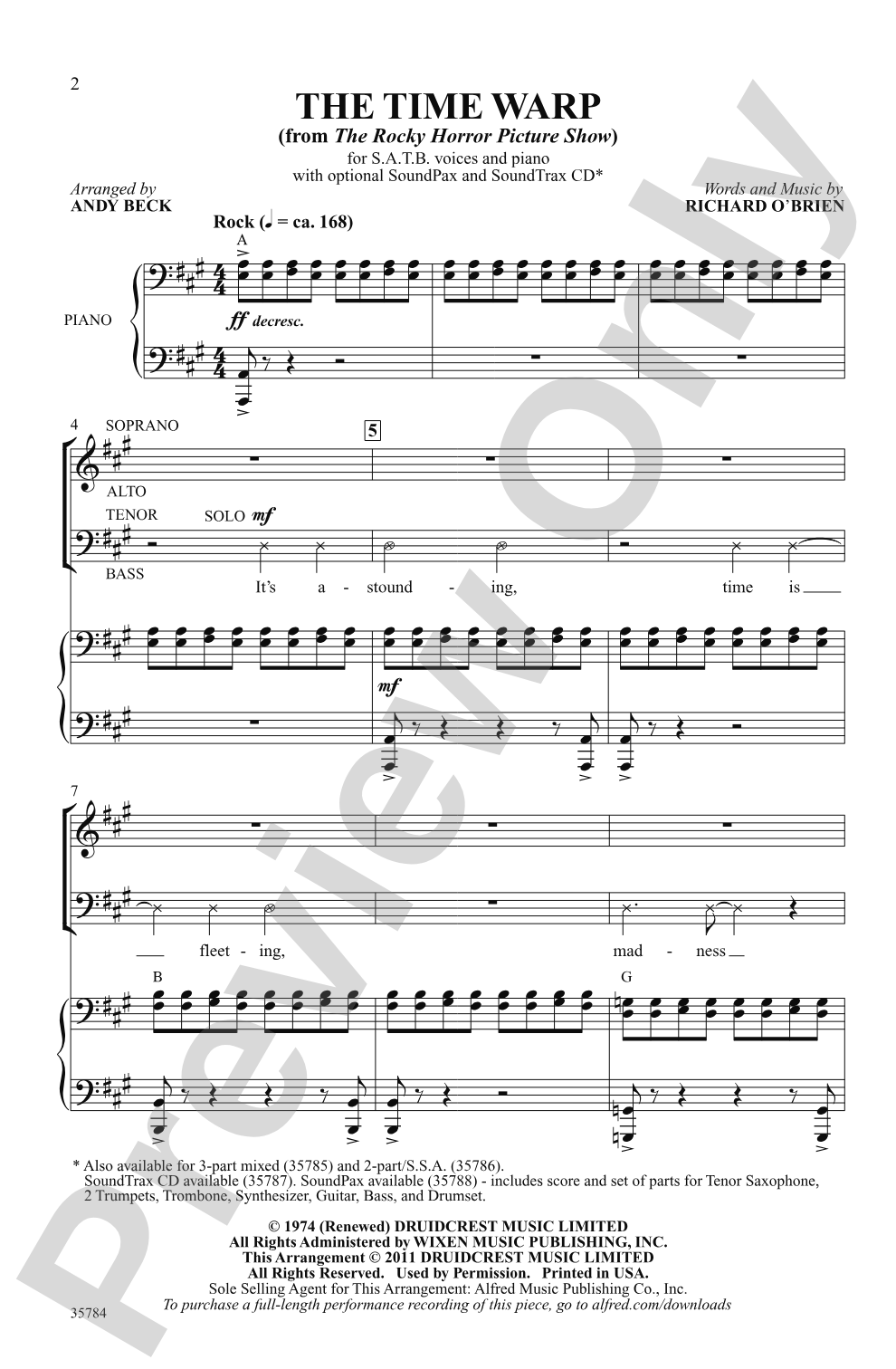 The Time Warp (from <i>The Rocky Horror Picture Show</i>): SATB Choral Octavo