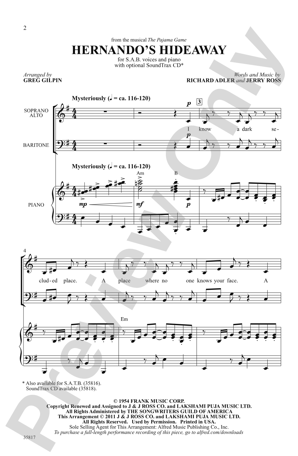 Hernando's Hideaway (from the musical <i>The Pajama Game</i>): SAB Choral Octavo