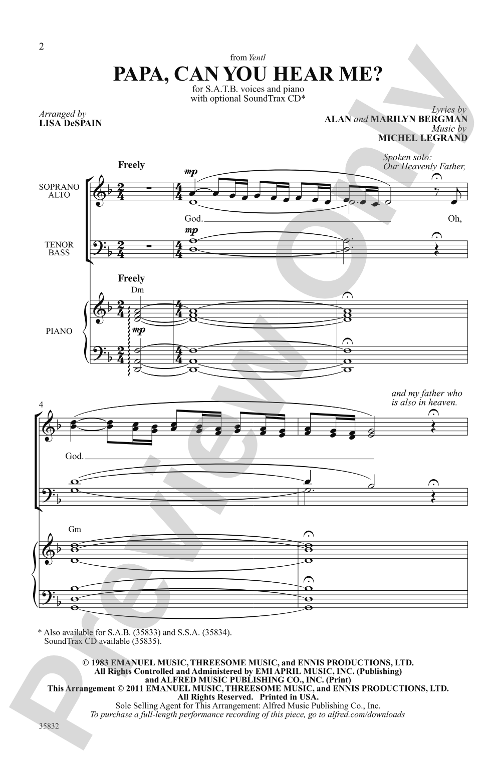 Papa, Can You Hear Me? (from <i>Yentl</i>): SATB Choral Octavo