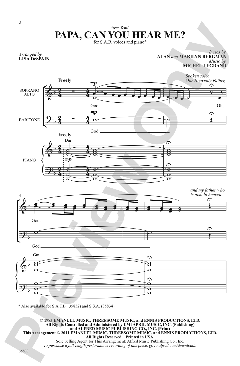 Papa, Can You Hear Me? (from <i>Yentl</i>): SAB Choral Octavo