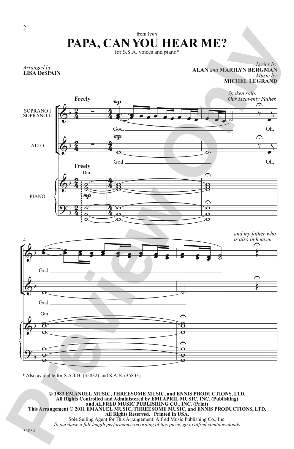 Papa, Can You Hear Me? (from <i>Yentl</i>): SSA Choral Octavo