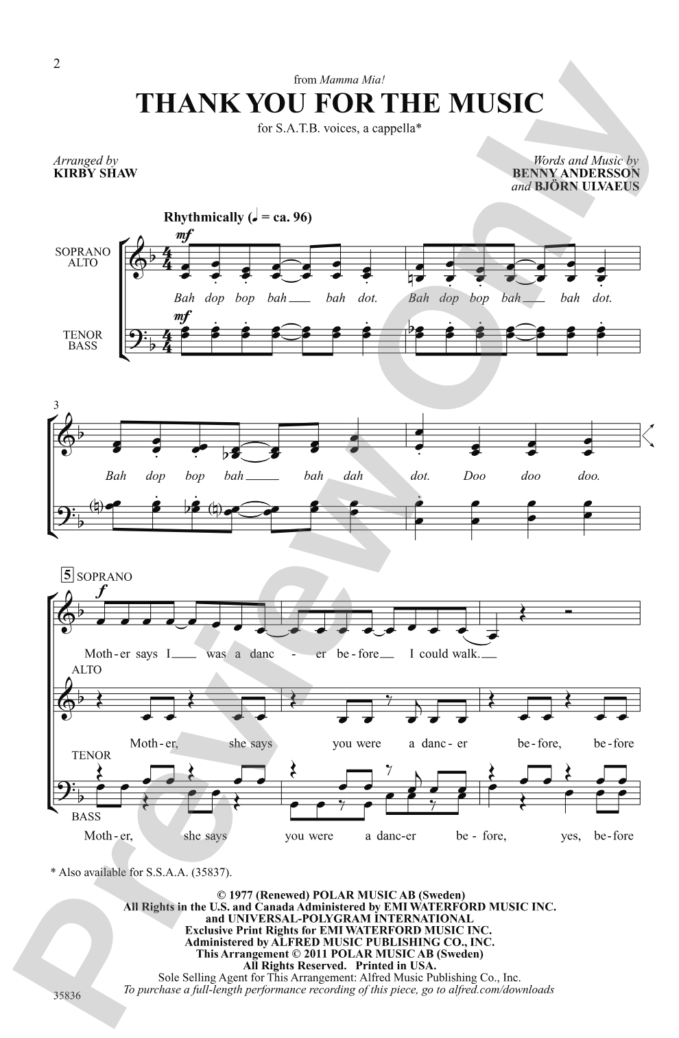 Thank You for the Music (from <i>Mamma Mia!</i>): SATB, <i>a cappella</i> Choral Octavo