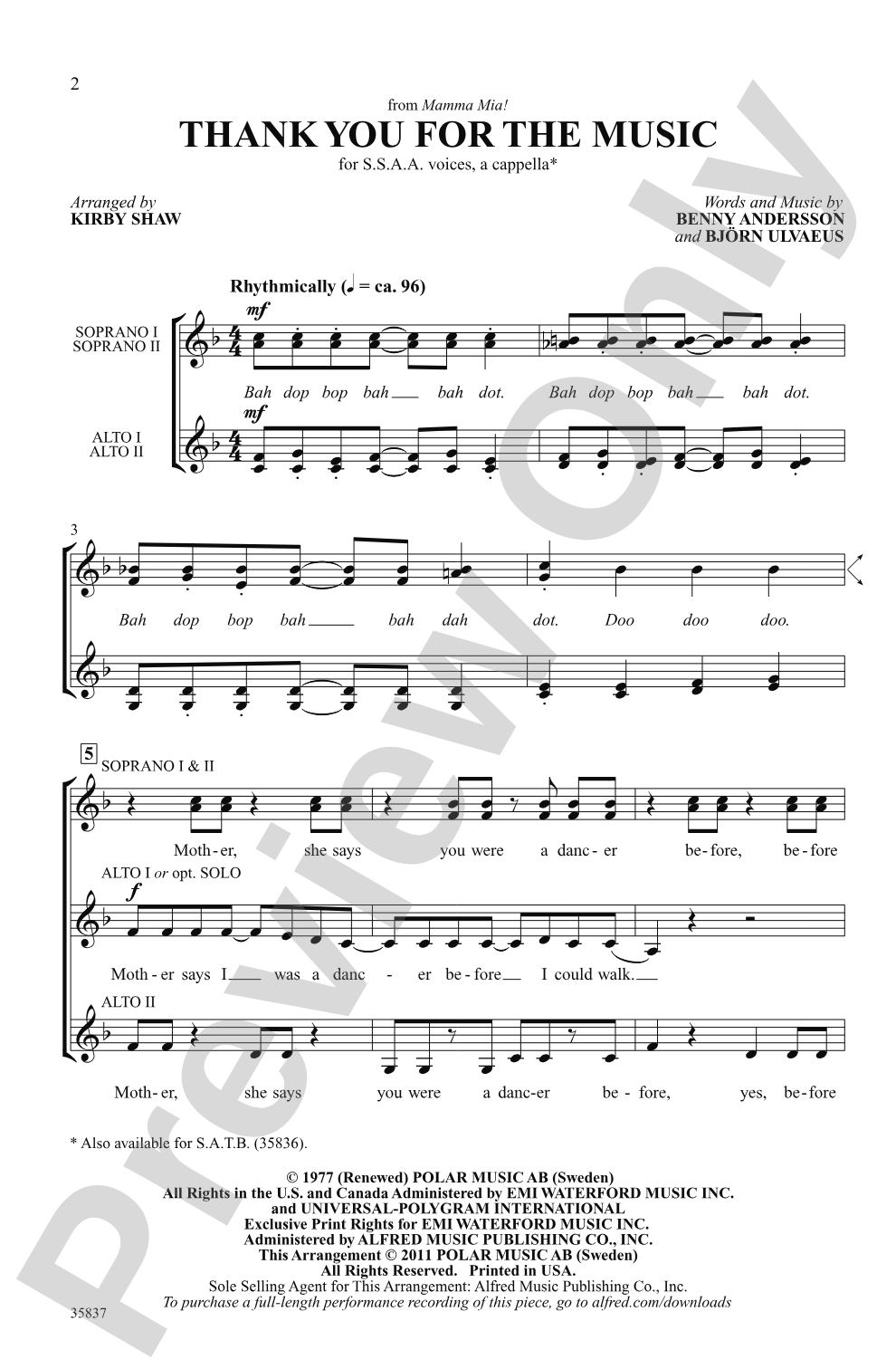 Thank You for the Music (from <i>Mamma Mia!</i>): SSAA, <i>a cappella</i> Choral Octavo