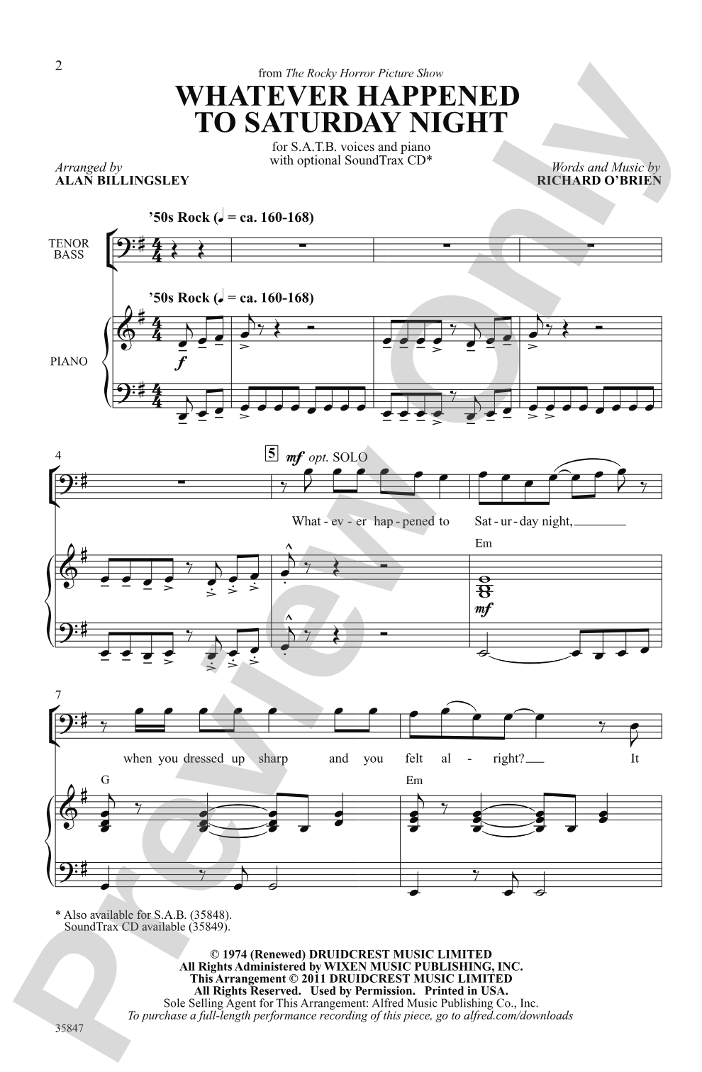 Whatever Happened to Saturday Night (from <i>The Rocky Horror Picture Show</i>): SATB Choral Octavo