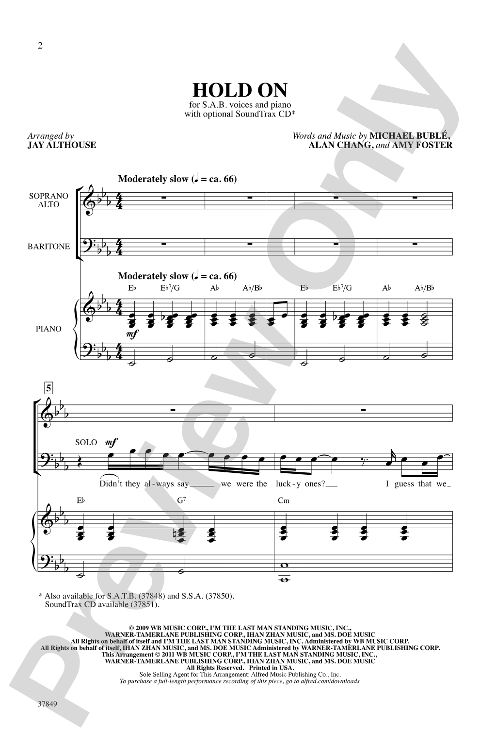 Hold On: SAB Choral Octavo