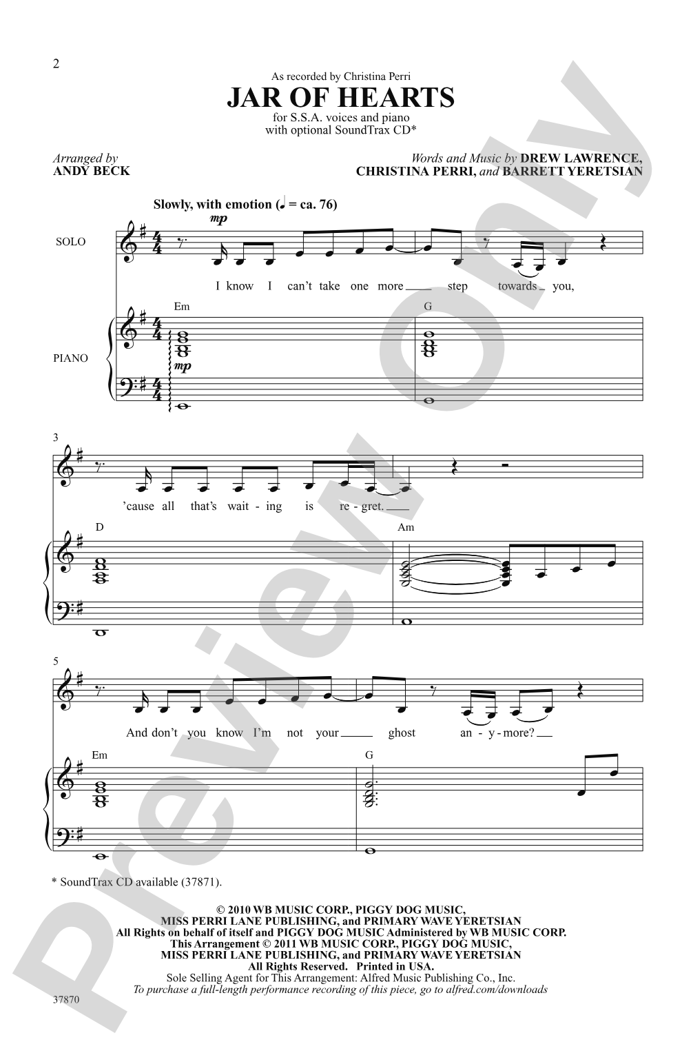 Jar of Hearts: SSA Choral Octavo