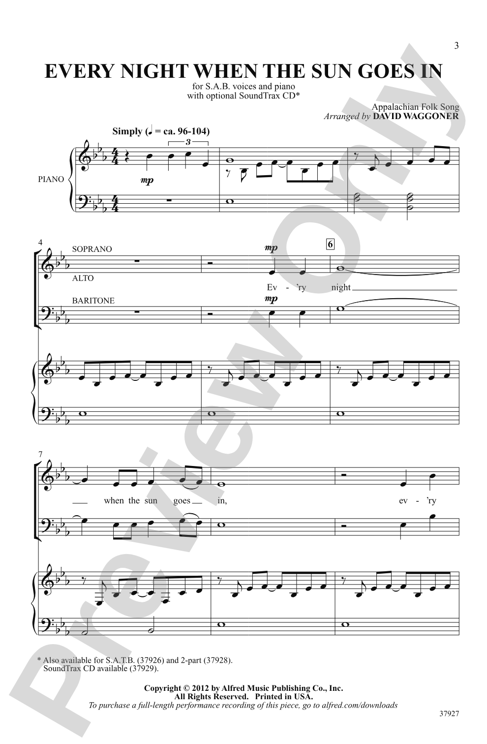 Every Night When the Sun Goes In: SAB Choral Octavo