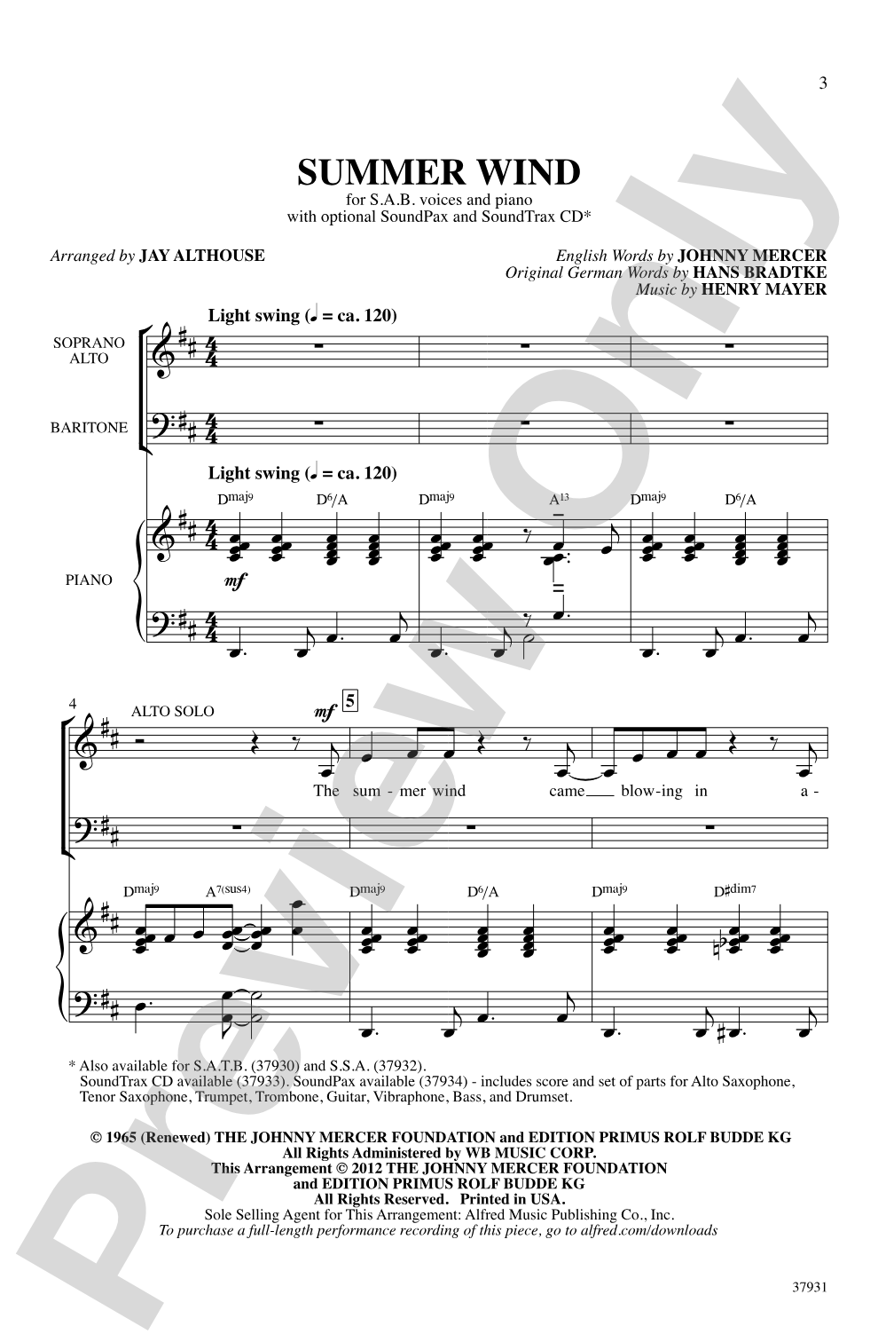 Summer Wind: SAB Choral Octavo