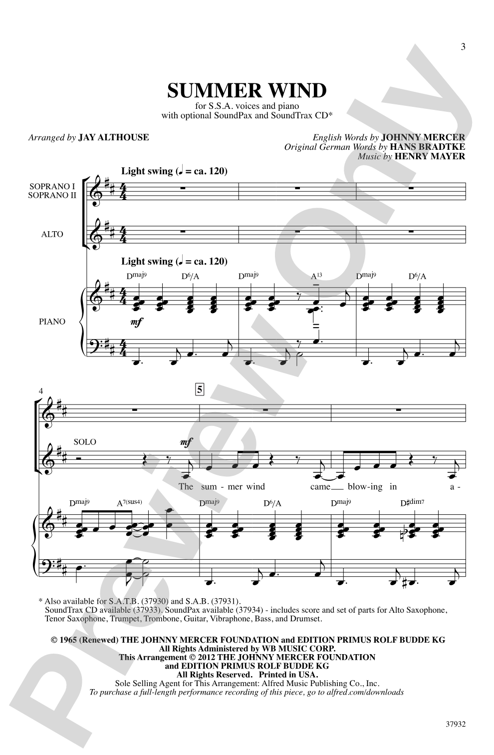 Summer Wind: SSA Choral Octavo